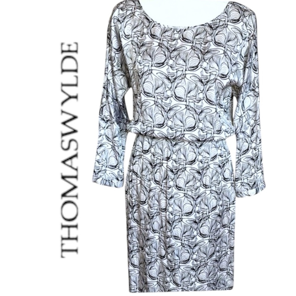 Thomas Wylde Black White Silk Skull Dress Cinched Waist Unfinished Hem Sz Medium